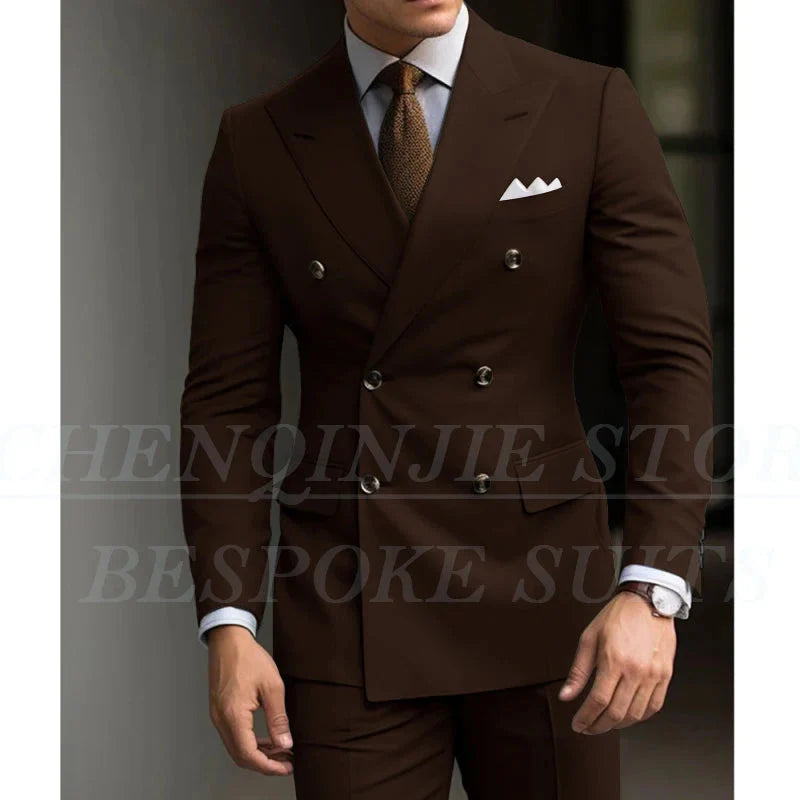 SHOWLU Men's slim fit green 2-piece suit with double-breasted blazer, tailored for stylish wedding or formal occasions.