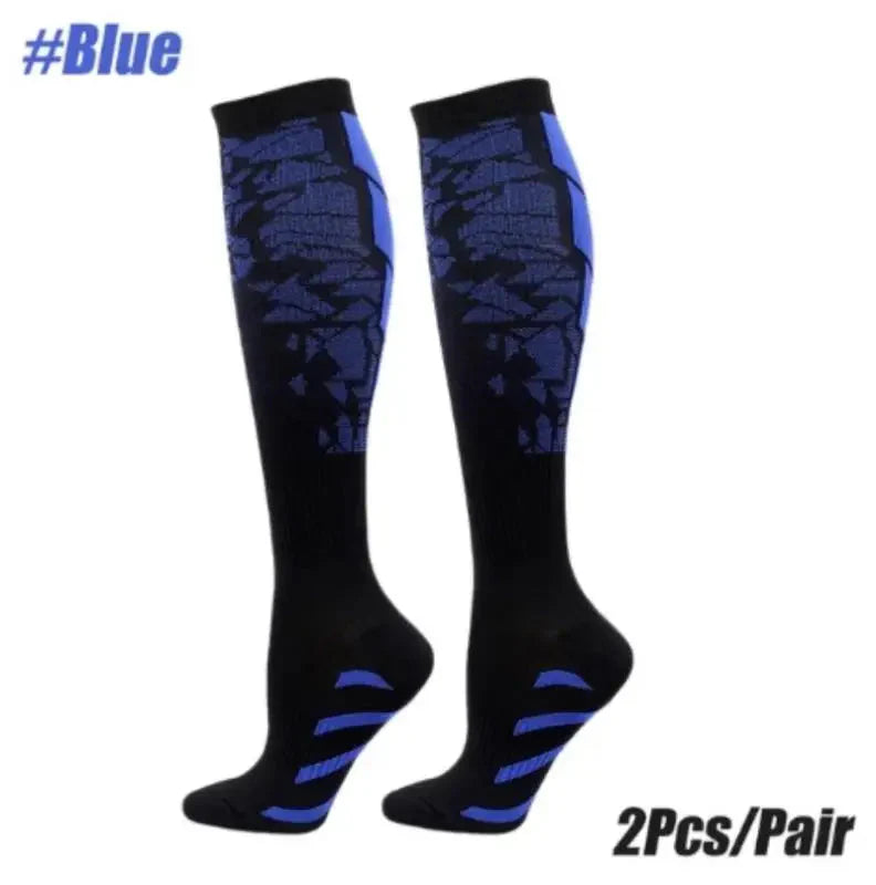 Showlu knee-high compression sports socks with nylon calf support, designed for running and athletic activities.