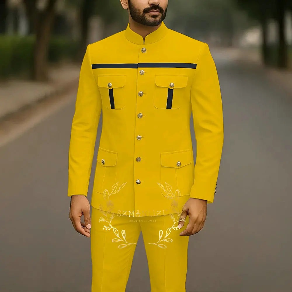 Elegant white men's suit with stand collar, single-breasted jacket and matching pants, ideal for business or wedding attire.