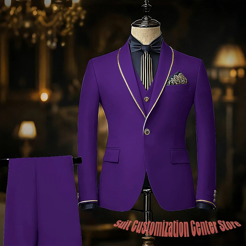 Navy blue men's slim fit wedding tuxedo with jacket, vest, and pants, featuring shawl lapel, suitable for groom or prom.