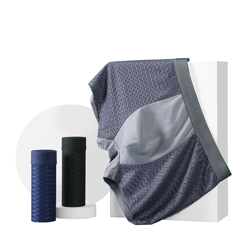 Men's ice silk boxer shorts by Showlu Fashion Store, breathable mesh underwear in a 4-pack, featuring lightweight, comfortable design.