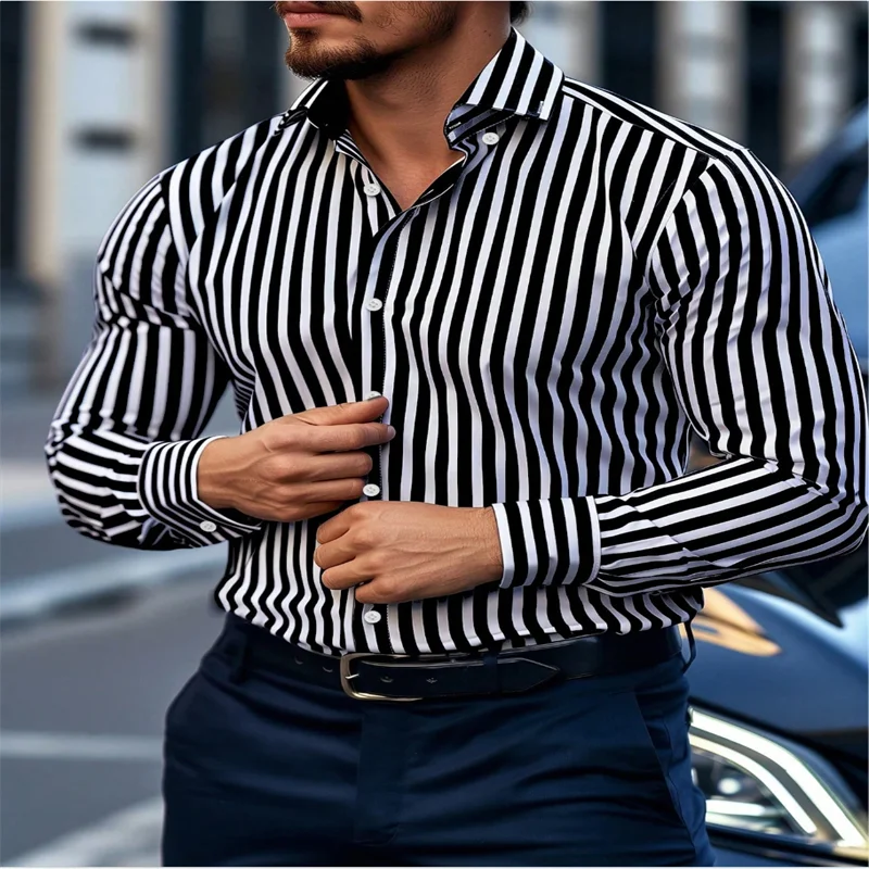 Showlu Fashion men's 6XL striped long-sleeved casual business shirt with single-breasted design, European high-quality luxury style.