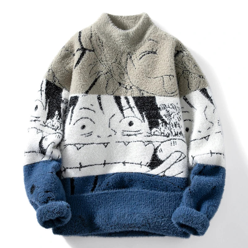 Men's mink plush thick round neck sweater with patchwork print, long sleeves, and cozy knit design for autumn winter fashion.