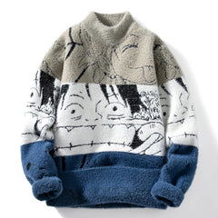 Mink Plush Thickened Round Neck Sweater New Men's Autumn Winter Loose Print Patchwork Fashion Knitted Sweater Long Sleeved Tops