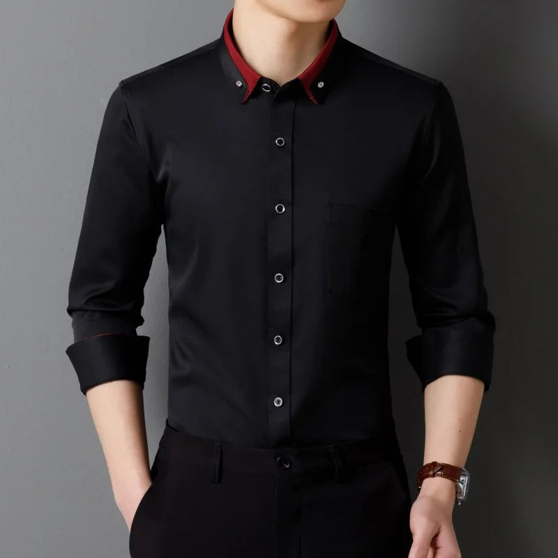 Men's Shirt Long Sleeve Elastic Wrinkle Proof Business Office Spring and Autumn Top Classic Solid royal blue -Black -White-green