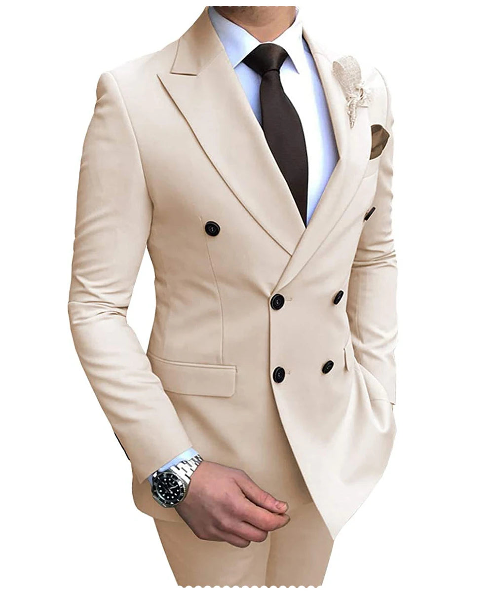 Beige men's 2024 suit set with blazer and pants, double-breasted, slim fit, notch lapel, suitable for weddings and casual wear.