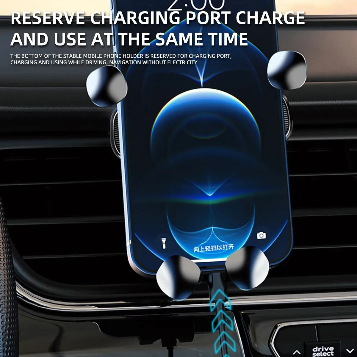 Showlu Gravity Car Phone Holder with 360° air vent clip mount for 4.7 to 7-inch smartphones, shown attached to a car vent.