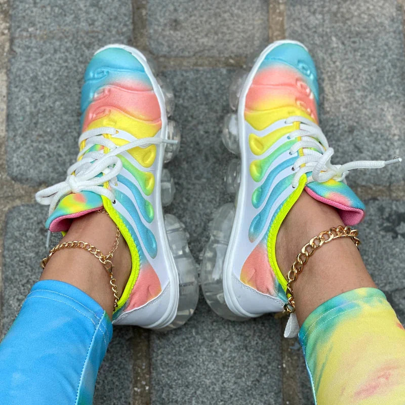 Unisex Captain Running Mesh Rainbow Sneakers with transparent soles by SHOWLU FASHION STORE, showcasing vibrant rainbow mesh design.