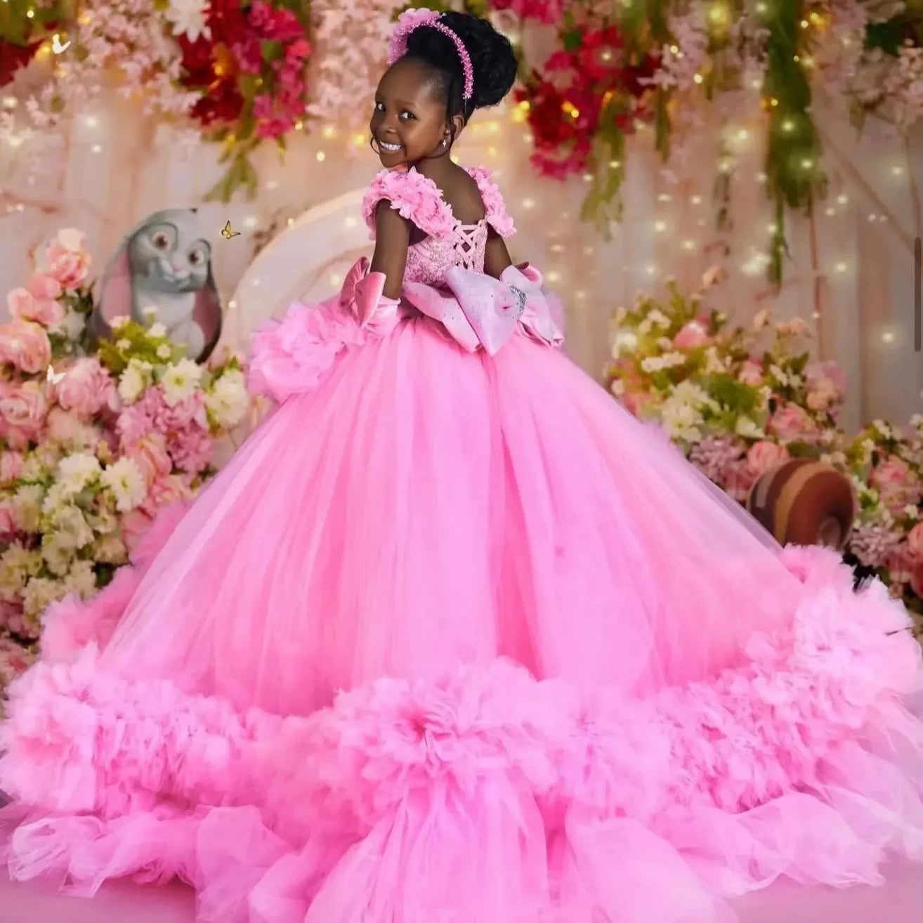 Customized Pink Flower Girl Dress For Wedding Glitter Bow Sleeveless Tiered Floor Length Kids Birthday First Communion Gown