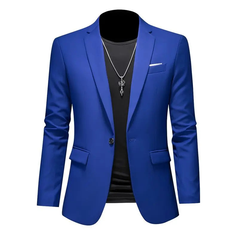 Men's slim fit single-breasted business blazer jacket by MYAZHOU, shown in navy with notch lapel and tailored fit.