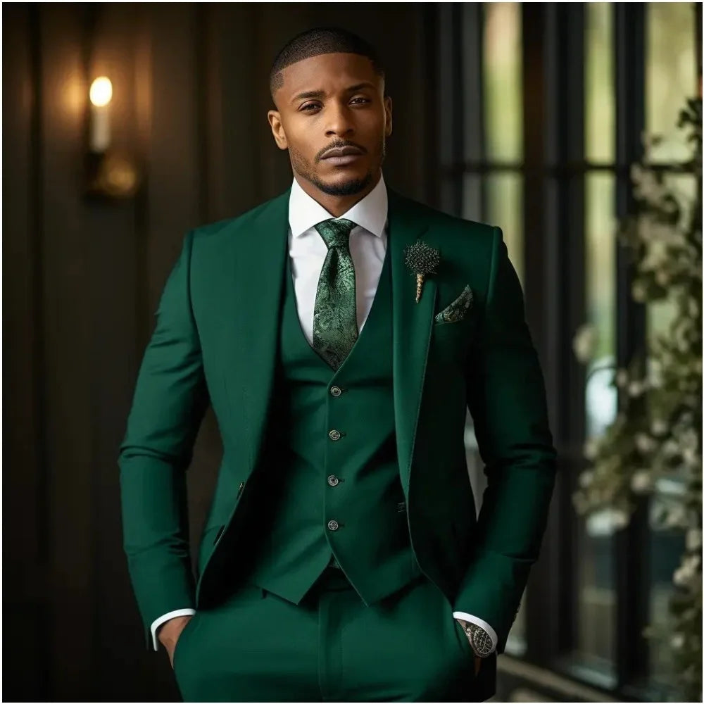 Showlu men's emerald green 3-piece slim fit formal tuxedo suit with jacket, vest, and trousers, tailored for a sophisticated look.