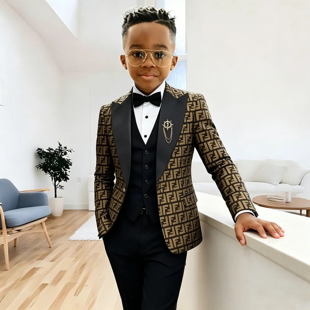 Fashion Floral Boys Suit 3 Pieces Wedding Tuxedos Single Breasted Formal Jacket Vest Pants Kids Blazer Set Slim Fit Child Outfit