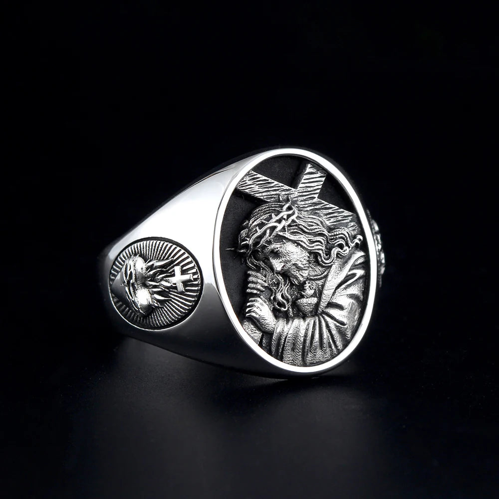Sterling silver Jesus cross ring from TEECOI 925 collection, featuring detailed Christian religious jewelry design.