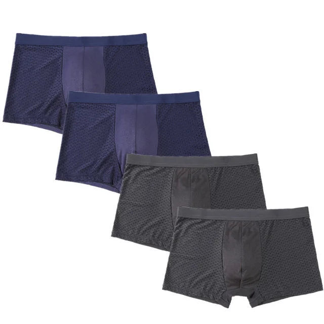 Showlu Men's Ice Silk Boxer Briefs in a 4-pack, breathable mesh underwear with comfortable fit and smooth ice silk fabric.