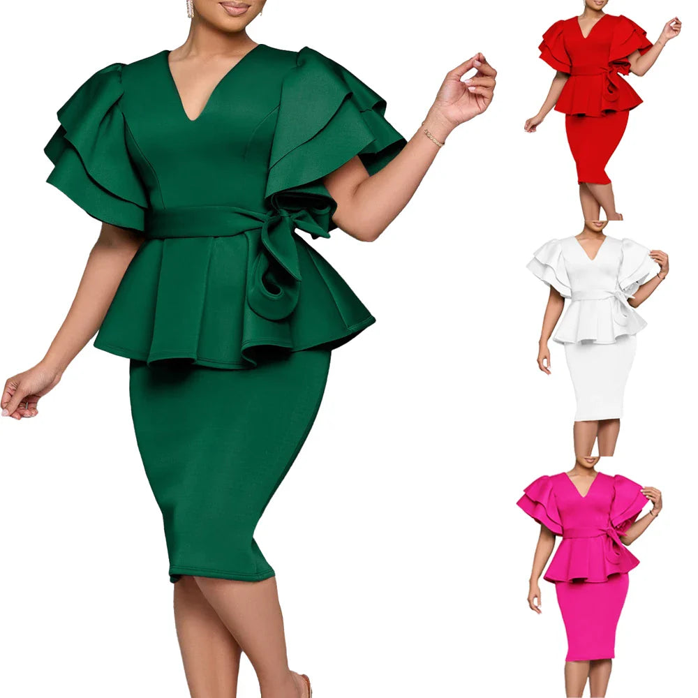 Women's V-neck ruffle sleeve peplum midi dress by SHOWLU FASHION STORE, featuring a fitted bodycon silhouette in a stylish design.