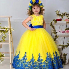 Tulle Flower Girl Dress for Wedding Floor Length Puffy Applique Princess Kids Birthday Party First Communion Ball Gown