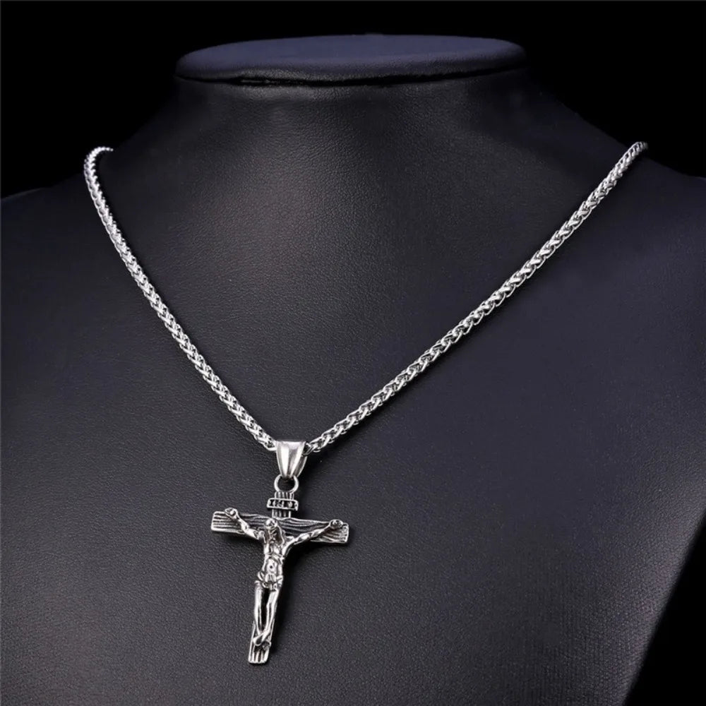 Men's gold Jesus cross pendant necklace featuring personalized religious design, stylish jewelry, perfect for religious gift or fashion wear.