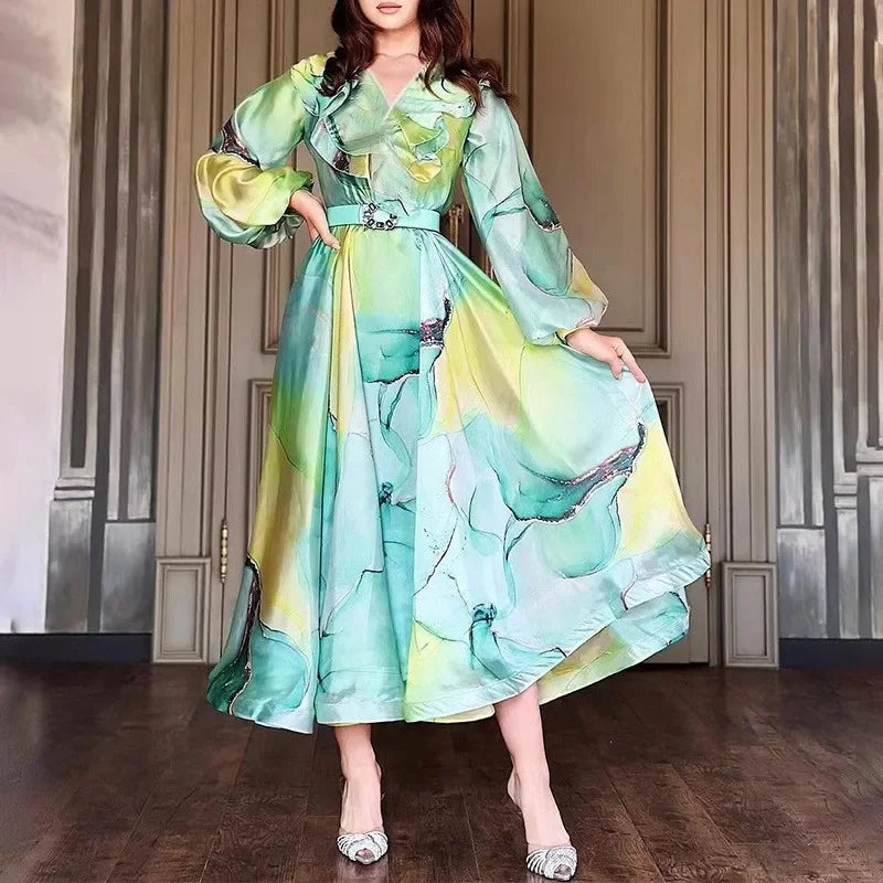 SHOWLU FASHION Women's Print A-Line Dress with long sleeves, suitable for office wear, featuring a stylish and comfortable design.