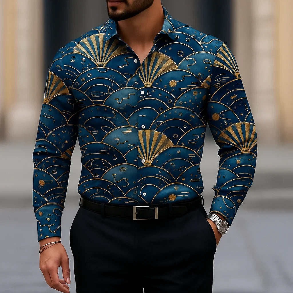 Men's slim fit striped casual shirt by SHOWLU FASHION STORE, long sleeve polyester fabric, blue and white pattern.