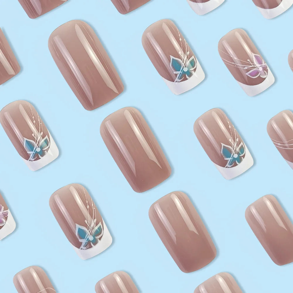 Set of 24 short square artificial fake nails with French white and pink design, featuring butterfly accents, reusable acrylic false nails.