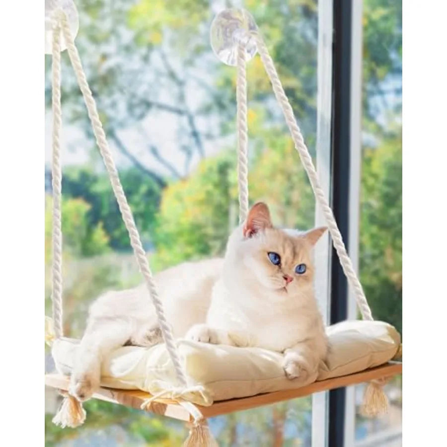 Showlu Pine Wood Cat Window Perch with soft cushion hammock bed, perfect for comfortable outdoor lounging for cats