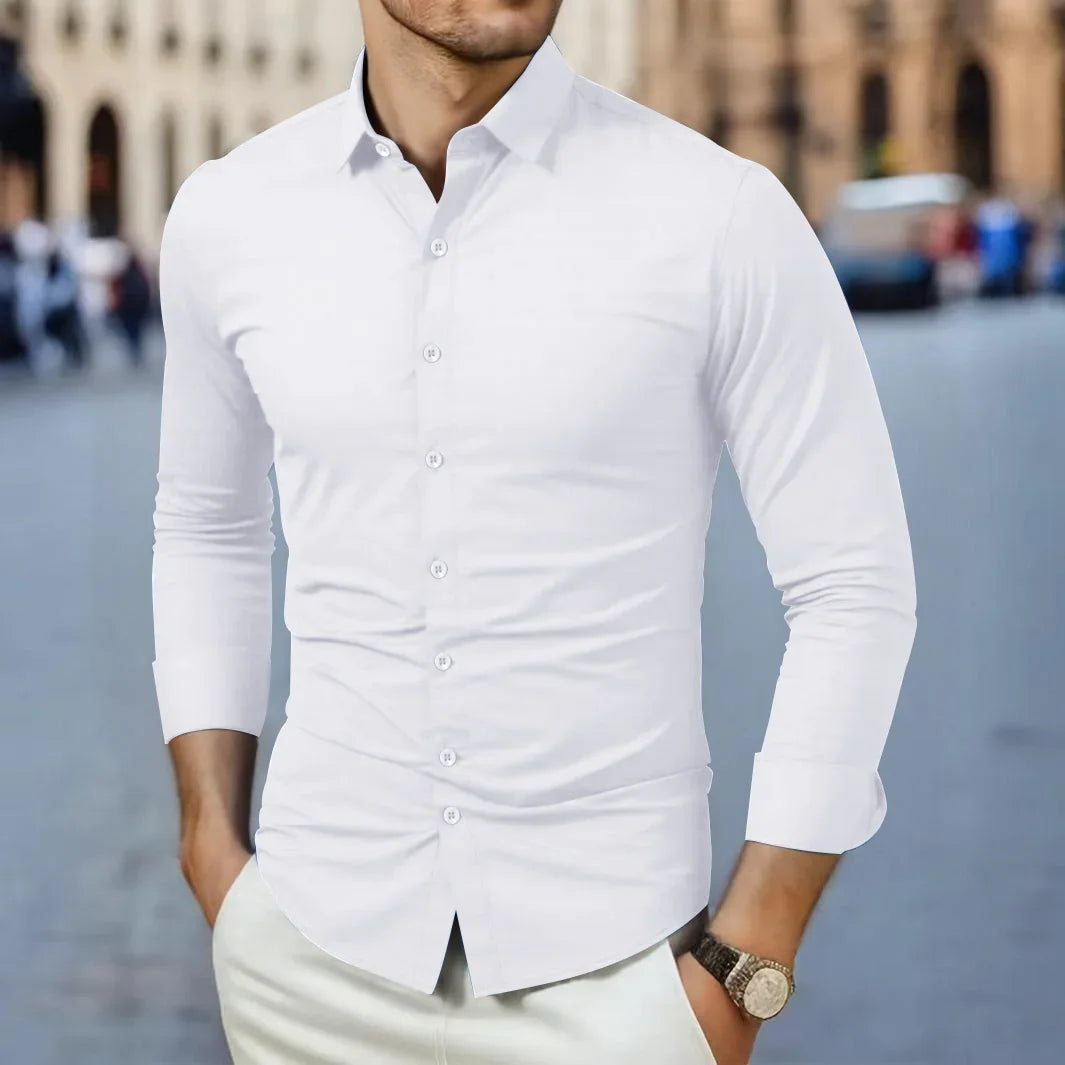 Men's business casual long sleeve solid color shirt by Showlu Fashion, wrinkle-resistant, comfortable all-season versatile top.