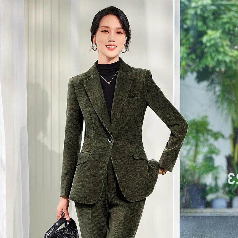 2024 Autumn New Corduroy Elegant Pant Suit Ladies Formal Business Work Wear 2 Piece Set Green Wine Jacket Blazer And Trouser