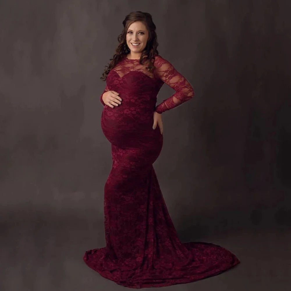 Showlu lace maternity photography dress with boat neck and long train, elegant gown designed for maternity photoshoots