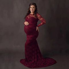 Lace Sexy Maternity Photography Dresses Boat Neck Pregnancy Shoot Dress With Long Train Women Maxi Maternity Gown Photo Props