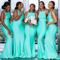Turquoise satin mermaid bridesmaid dress with sexy backless design by JC&STAR, featuring a fitted silhouette and elegant style
