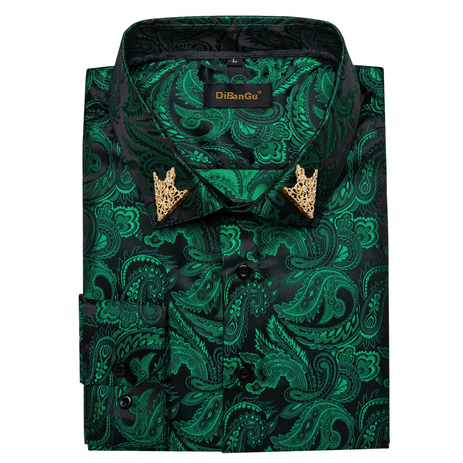 Men's patterned brocade shirt with gold crown collar accents, ideal for luxury galas and formal weddings by Showlu Fashion.