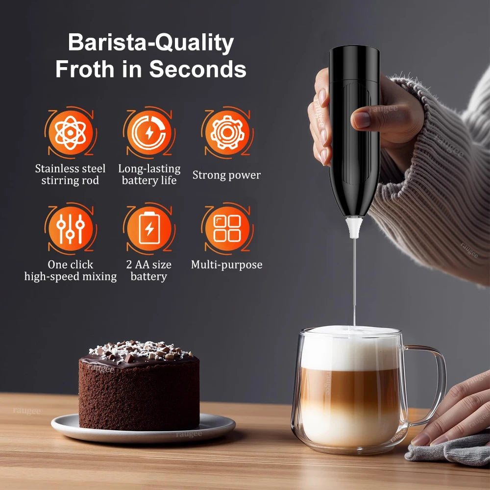 Showlu Smart General bcomfy handheld electric milk frother with stainless steel whisk for creamy coffee and latte foam.
