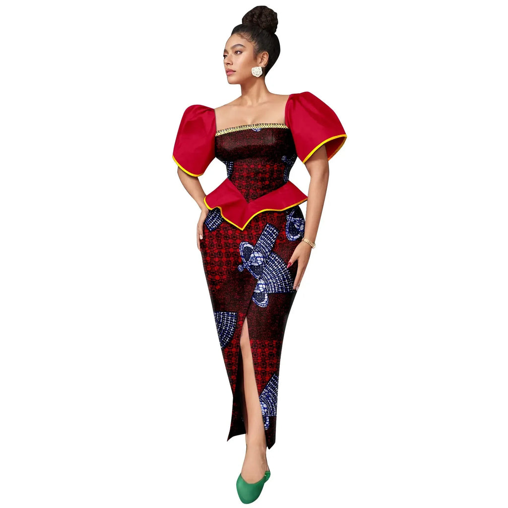 AFRIPRIDE women's Ankara print square neck puff sleeve A-line dress with vibrant patterns and flowing fabric, stylish and comfortable.