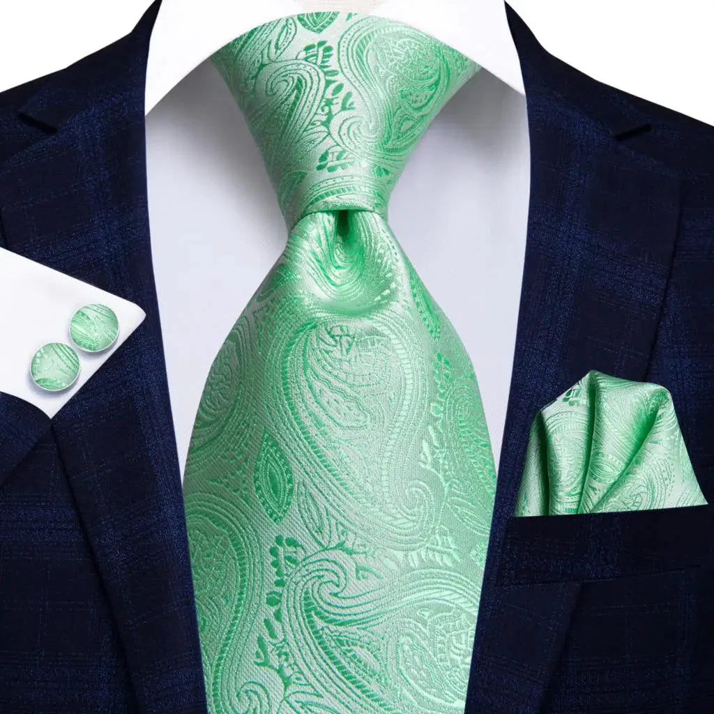 Mint green silk tie set with matching cufflinks, men's necktie by SHOWLU FASHION STORE, elegant formal accessory.