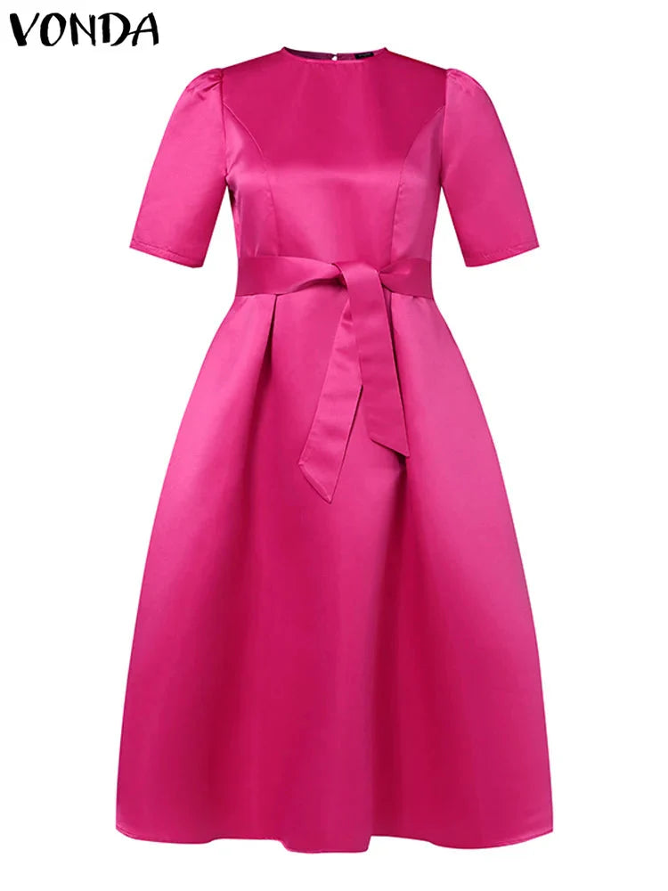 VONDA women's satin midi dress with short sleeves and belt, elegant and stylish for women.