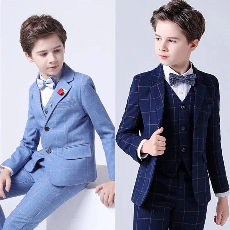 LUOBOBEIBEIC boys' 3-piece plaid formal suit from SHOWLU FASHION STORE, including tuxedo jacket, vest, and pants for kids' weddings.