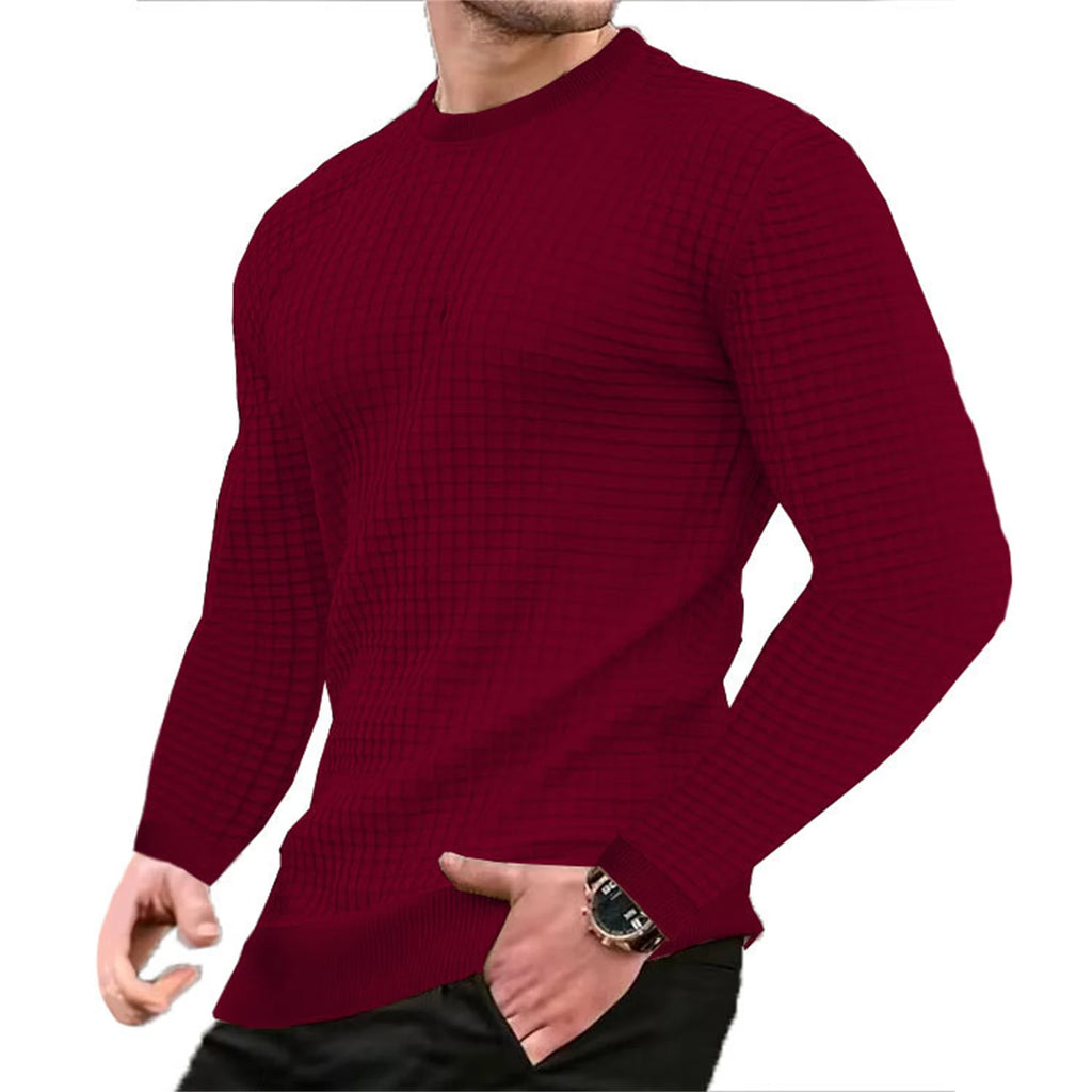 Men's checkered waffle hoodie with round neck and jacquard pattern, stylish casual coat by Showlu Fashion Store.