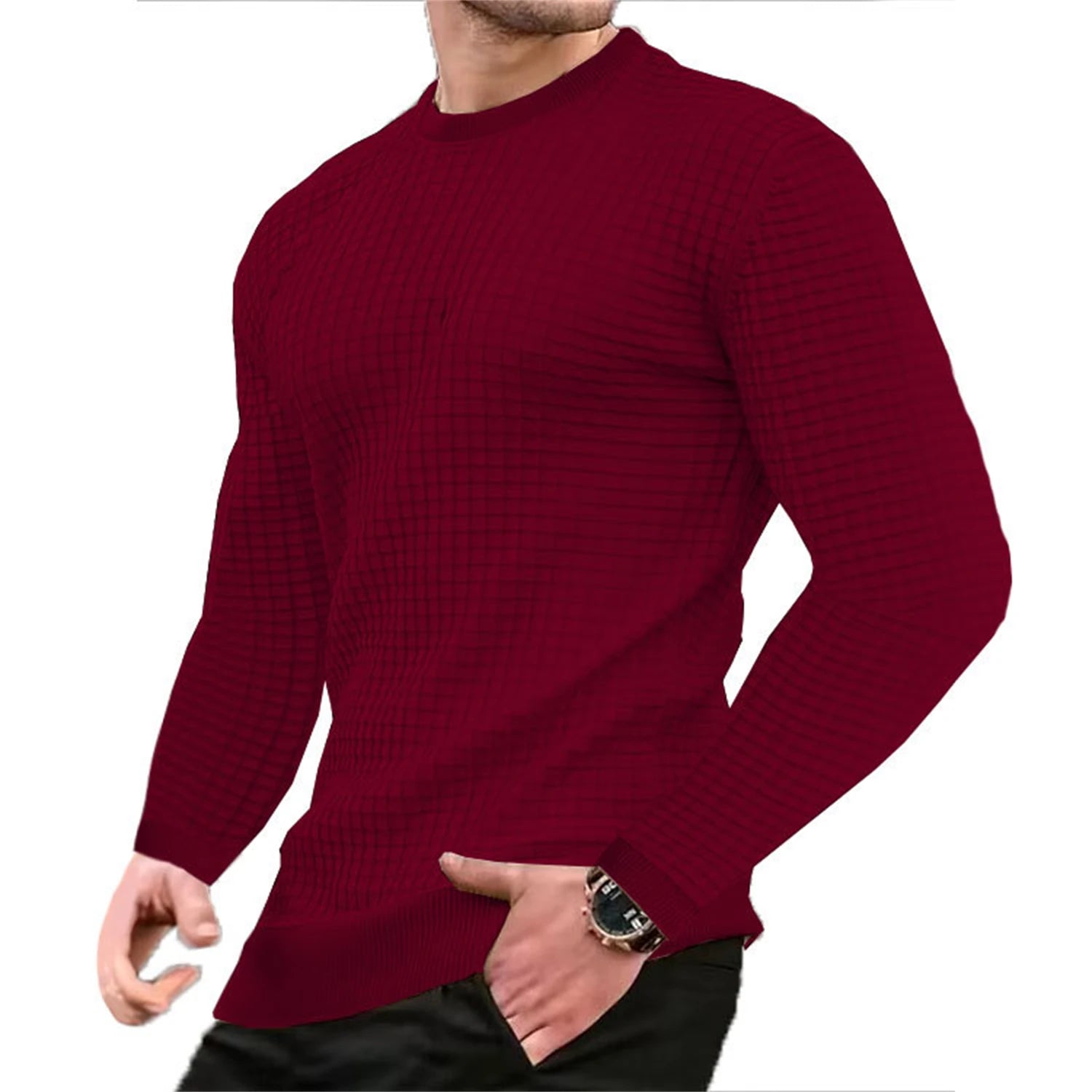 Men's checkered waffle hoodie with round neck and jacquard pattern, stylish casual coat by Showlu Fashion Store.