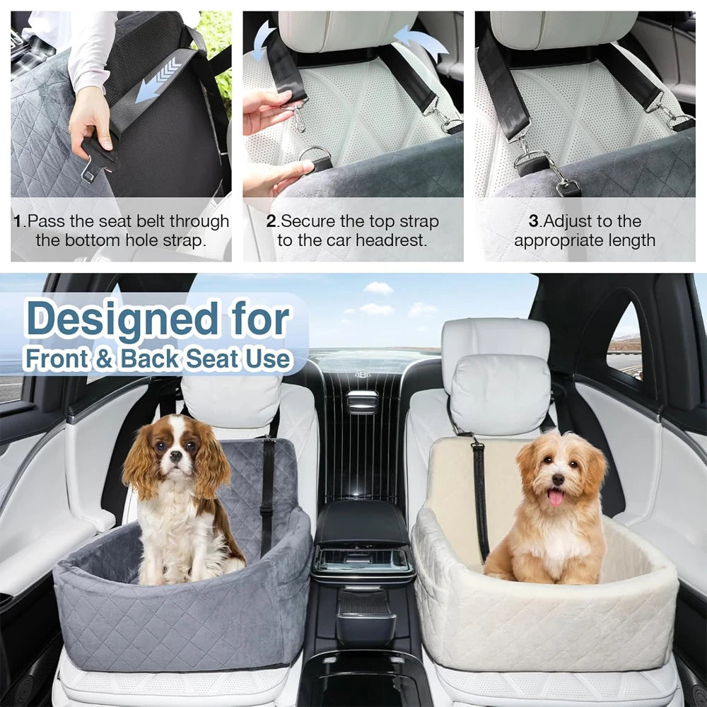 Portable dog car seat by Showlu Fashion Store with washable cushion, safety belt, and storage pocket for small and medium pets.