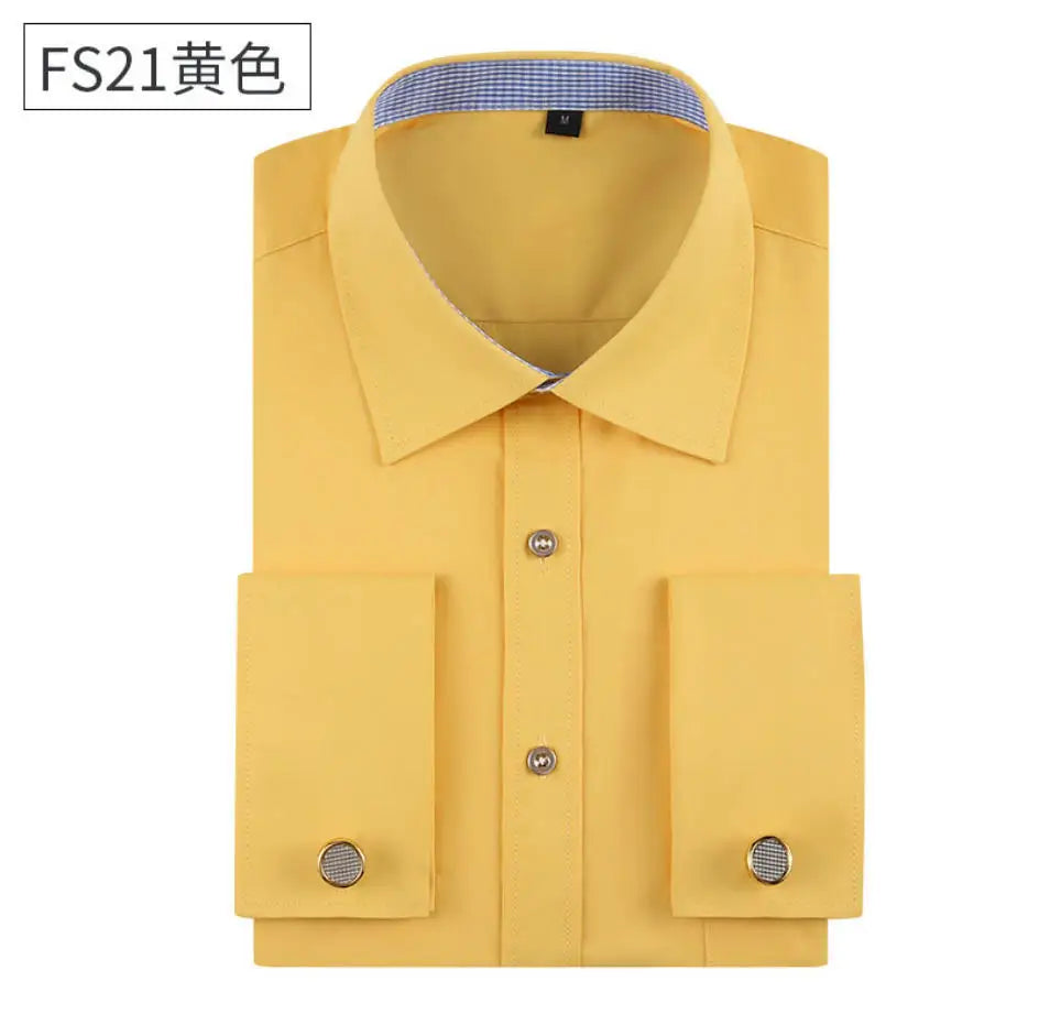Men’s formal French cuff dress shirt with long sleeves, solid and striped design, includes cufflinks, available in plus size.