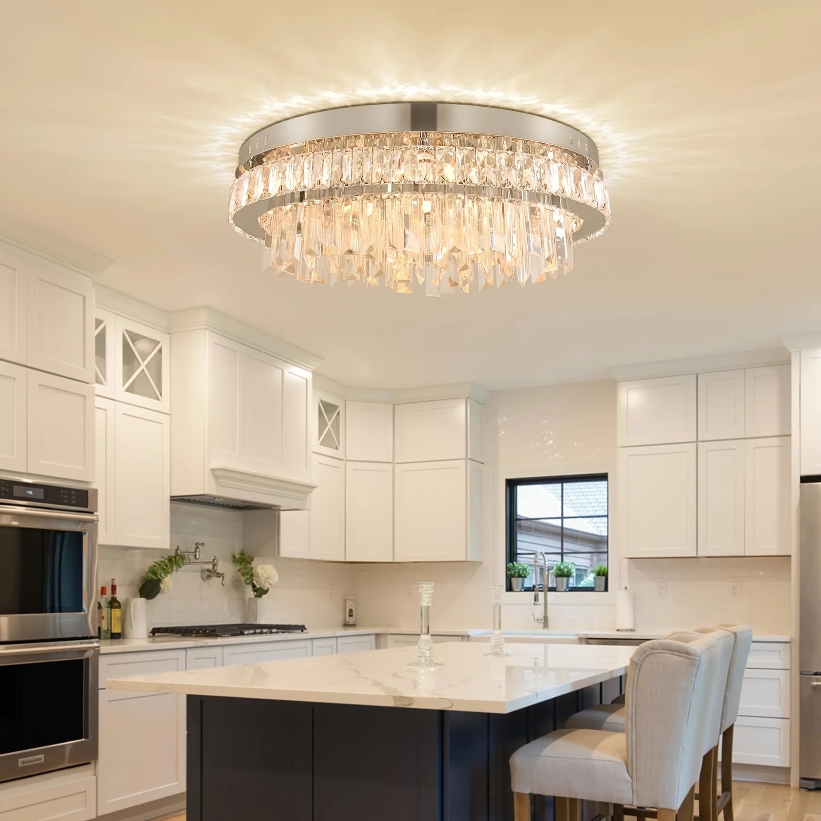 Modern Dimmable Crystal Chandeliers LED Flush Mount Ceiling Light Fixtures Oval Living Room Chandelier Stainless Steel Ceiling L