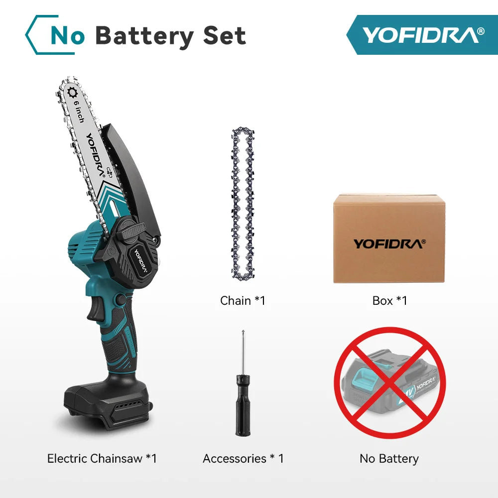 Showlu Smart General Yofidra 6-inch electric chainsaw with a black and orange body, featuring a compact design and safety guard.