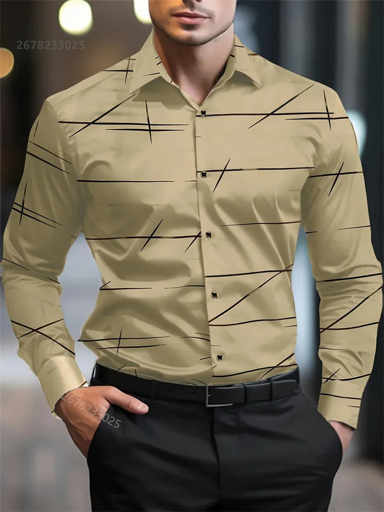 Men's long-sleeved casual shirt with geometric 3D print, lapel collar, large size, suitable for business or office wear, by Showlu Fashion.