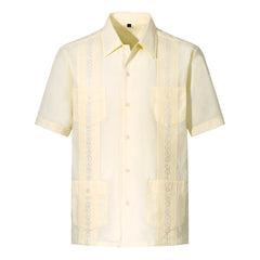 2025 New Summer Men's Guayabera Shirts Four Pockets Embroidered Short Sleeve Shirts for Men Blue Mexican Cuban Button Shirt