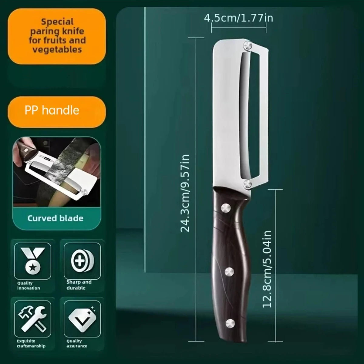 Stainless steel peeler with wooden handle from Showlu Fashion Store for peeling and slicing fruits and vegetables.