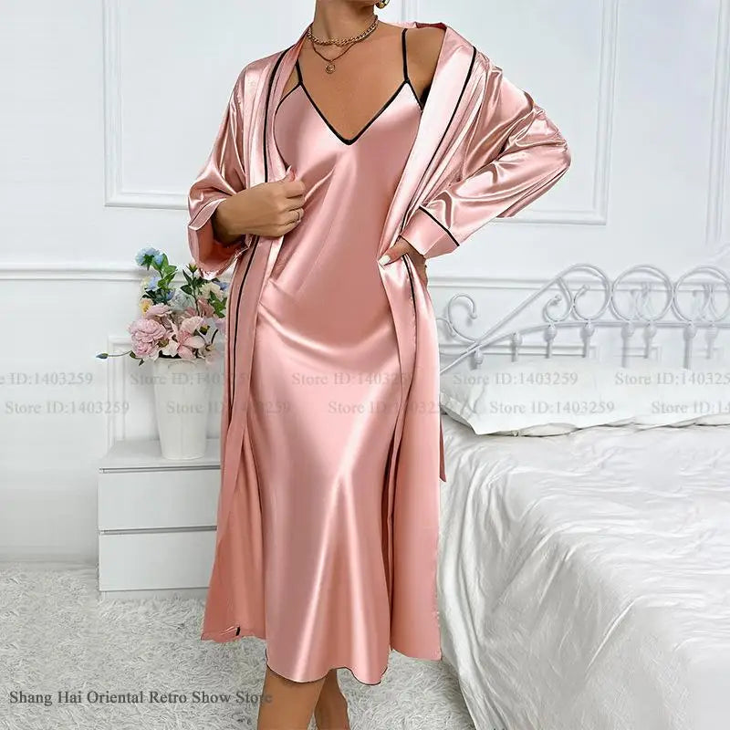 Silk satin long twinset robe and chemise nightgown for women, lightweight summer sleepwear, elegant lounge wear from Showlu Fashion
