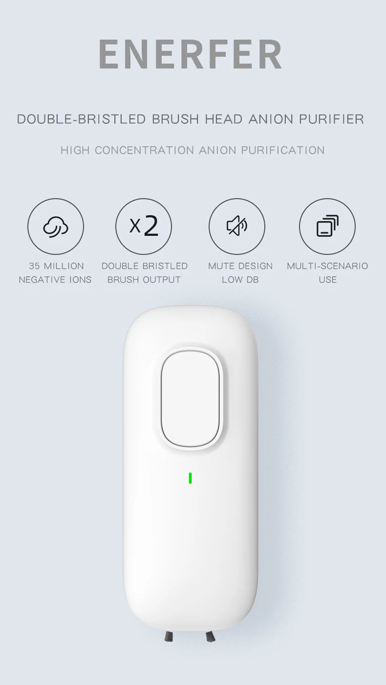 Showlu Smart General plug-in negative ion air purifier for home, showing sleek design and air outlet in a modern living room setting.