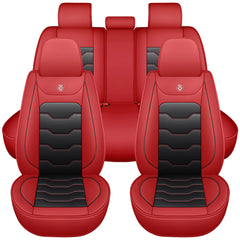 A set of red and black artificial leather universal car seat covers for a five-seater vehicle.