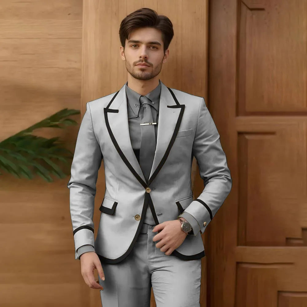 Beige male fashion suit 2-piece set with single-breasted blazer and slim-fit pants, ideal for groomsmen, prom, and wedding tuxedos