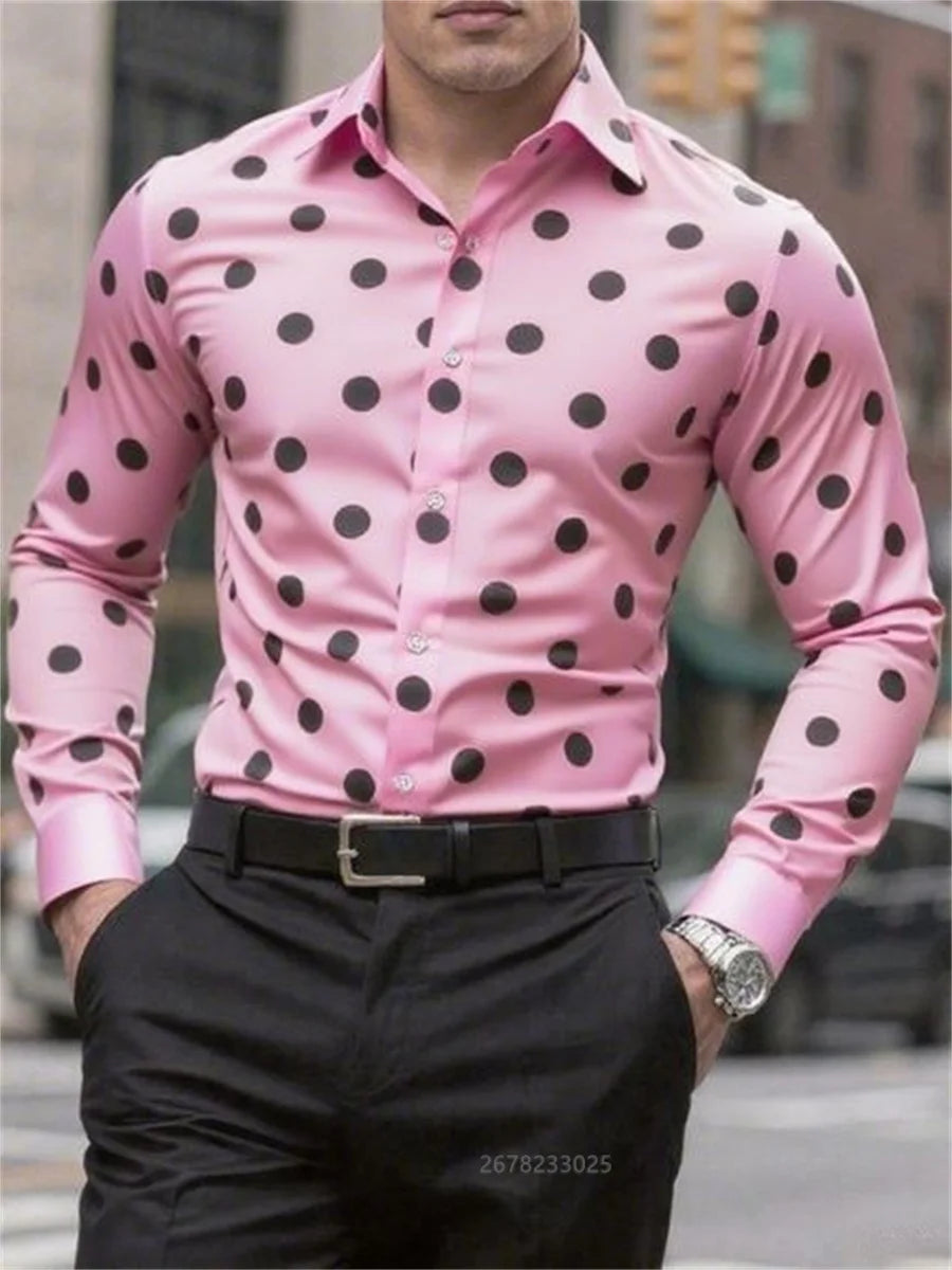 Men's long sleeve casual shirt with spotted lapel, button front, breathable fabric, versatile outdoor fashion from Showlu Fashion Store.